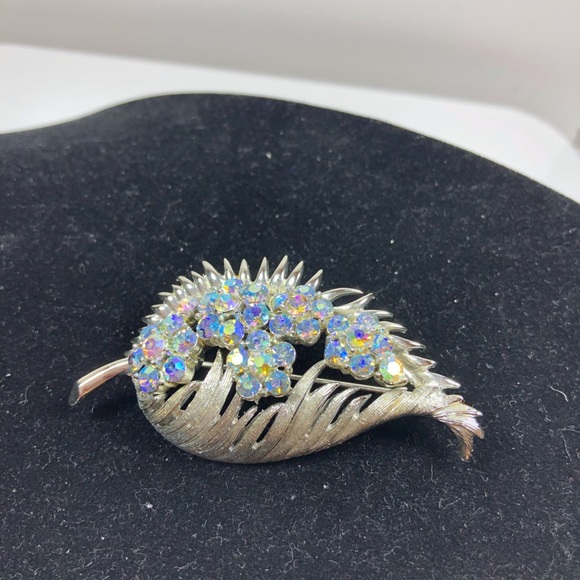 Vintage Coro Silver and AB Rhinestone Leaf Brooch